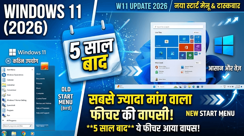 Windows 11 New Start Menu & Taskbar Update 2026: 5 साल बाद वापसी कर रहा है सबसे ज्यादा मांग वाला फीचर