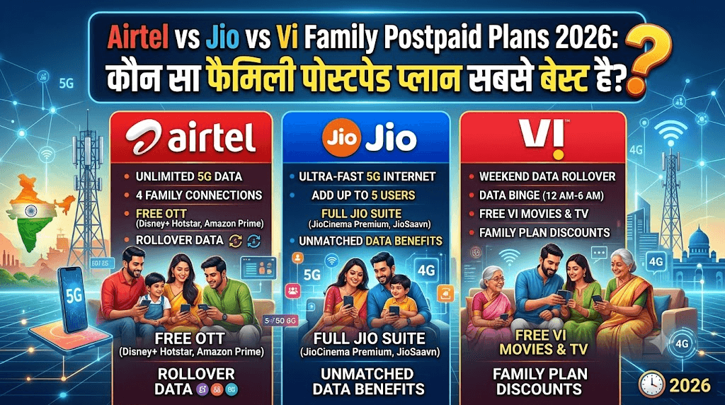 Airtel vs Jio vs Vi Family Postpaid Plans 2026