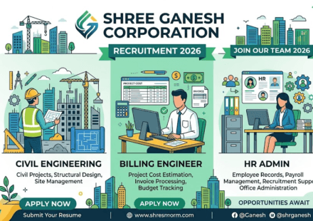 Shree Ganesh Corporation Recruitment 2026 for Civil Engineering, Billing Engineer, and HR Admin. Apply at www.shresmorm.com