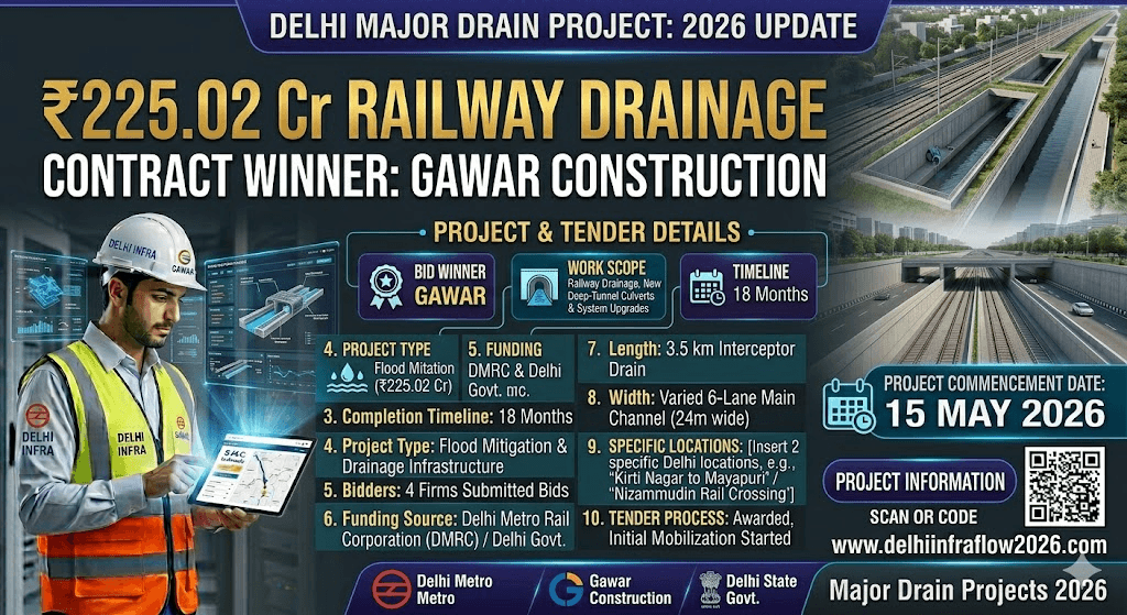 Delhi Major Drain Project Tender 2026: Gawar Construction Wins ₹225.02 Crore Railway Drainage Contract